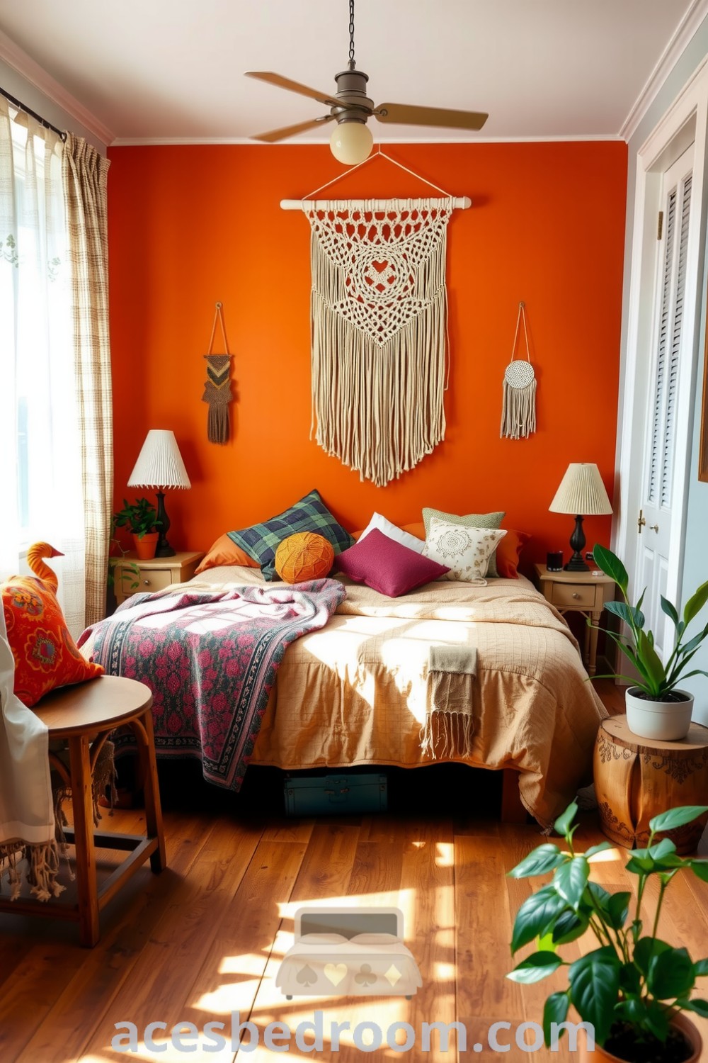 Boho bedroom with warm natural light, orange accent wall, cozy bedding with textured throws and patterned pillows, macramé wall hanging, vintage treasures, and potted plants, showcasing cozy design ideas for a warm and sophisticated look at acesbedroom.com.