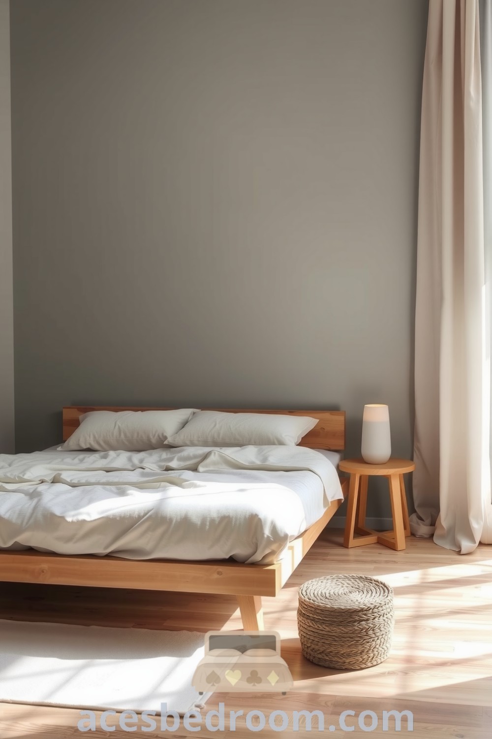 Cozy minimalist bedroom featuring a soft grey palette, raw wood bed frame, natural linen duvet, reclaimed wood bedside table, and warm ceramic lamp, designed to create a tranquil atmosphere, showcased on acesbedroom.com.