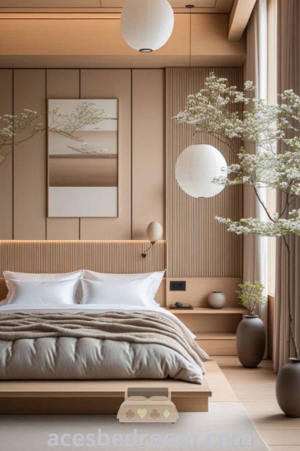 A stylish Japandi bedroom with a large bed and two vases, exemplifying minimalist living and traditional Japanese interior design. This cozy aesthetic offers inspiring ideas for a warm and sophisticated look, ideal for those looking to enhance their bedroom decor. Explore more ideas at acesbedroom.com.