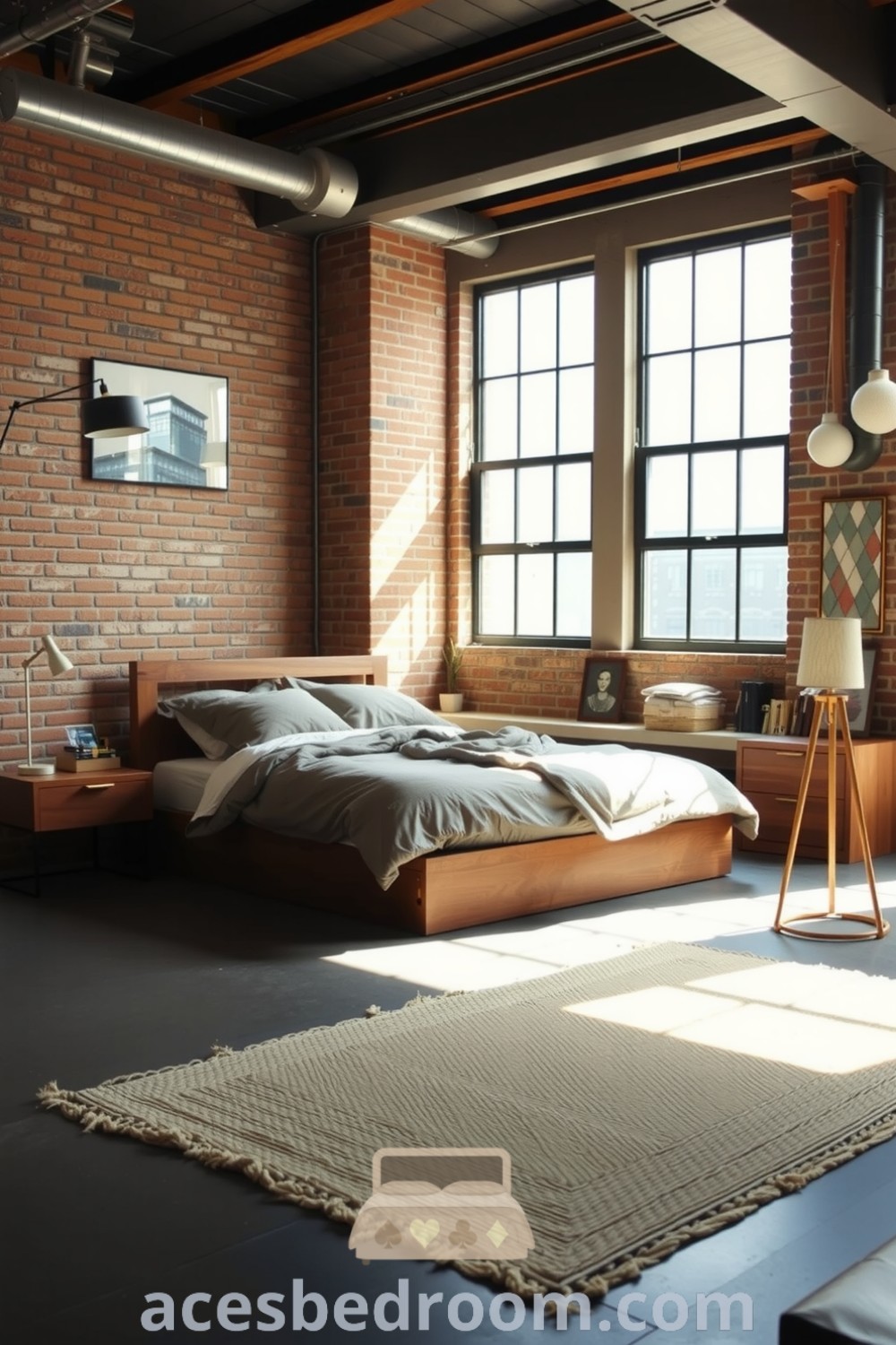 Industrial cozy bedroom with exposed brick walls, wooden bed frame, soft muted bedding, minimalist floor lamp, and jute rug, designed for a warm and inviting atmosphere, featured on acesbedroom.com.