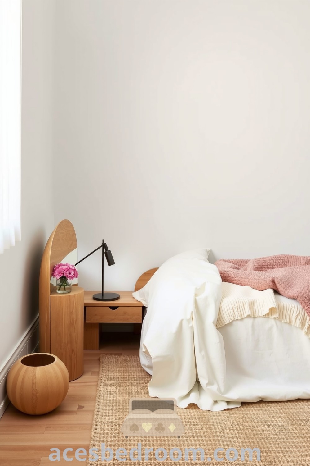 Cozy Japandi bedroom featuring light white walls, natural wooden low-profile bed dressed in cream and beige linens, handcrafted bedside table, and woven rug, creating a serene atmosphere on acesbedroom.com.