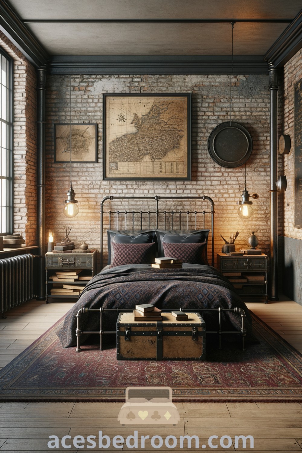 A vintage industrial bedroom featuring a weathered brick wall, iron bed frame, dark maroon and navy bedding, reclaimed wood nightstands, and vintage decor. This cozy space showcases ideas for industrial design trends and inspiring decor inspirations for a warm and stylish home at acesbedroom.com.