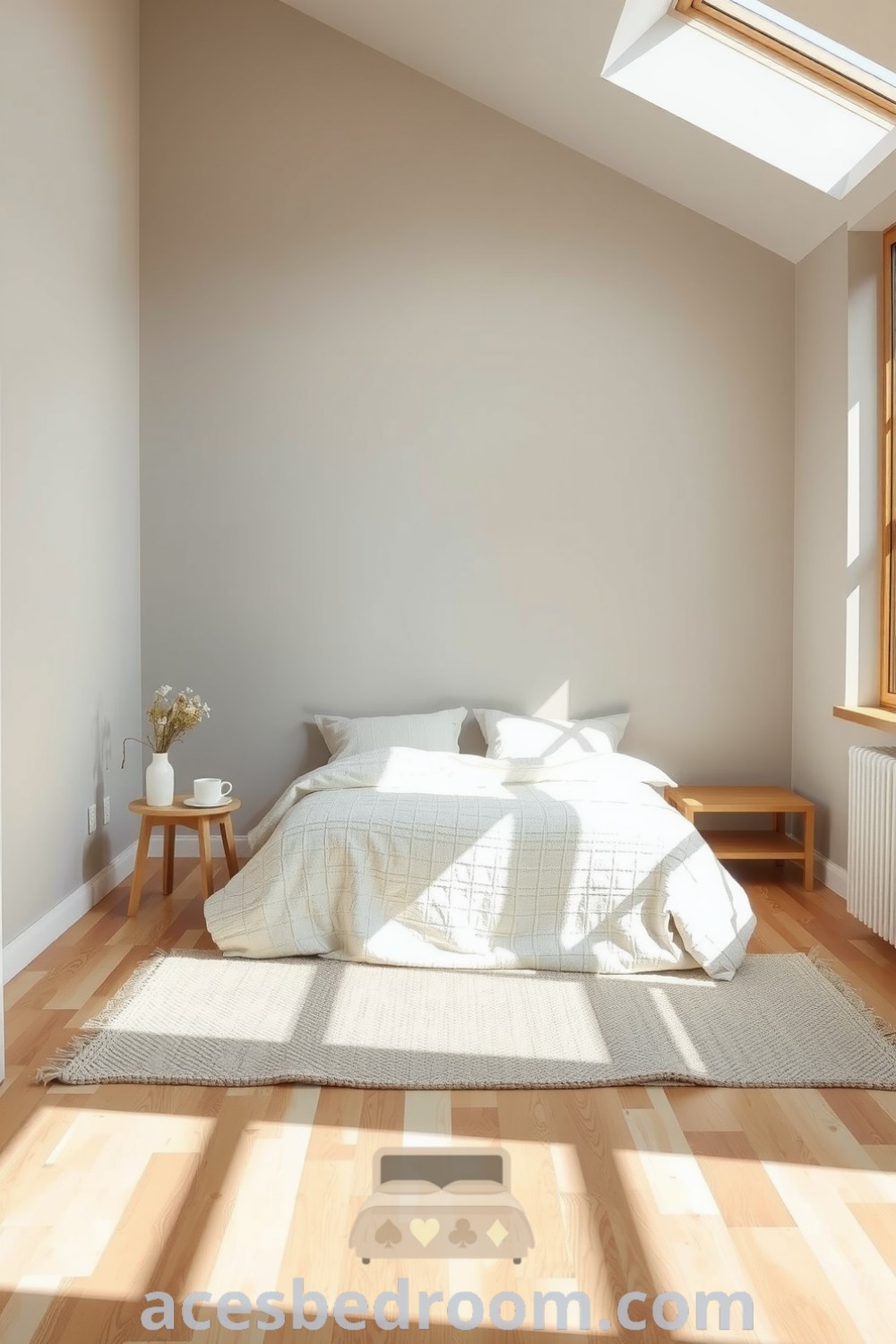 Cozy Scandinavian bedroom featuring dove-grey walls, a cream duvet, light oak furniture, and a handwoven rug, offering design ideas for a warm and sophisticated look, showcased on acesbedroom.com.