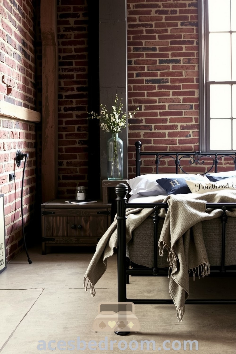 Industrial bedroom featuring a black metal bed frame against exposed brick walls, a wooden nightstand, soft lighting, and cozy throws, creating a stylish and inviting atmosphere, highlighted on acesbedroom.com.