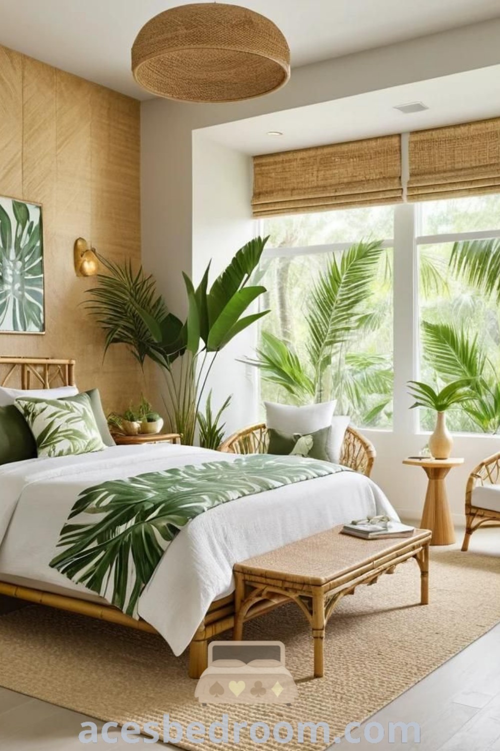 A Hawaiian-inspired bedroom featuring a neatly made bed surrounded by plants, showcasing tropical bedroom ideas that include palm leaf decor and jungle-inspired elements. This cozy and stylish space offers unique design inspirations for a warm and sophisticated look at acesbedroom.com.