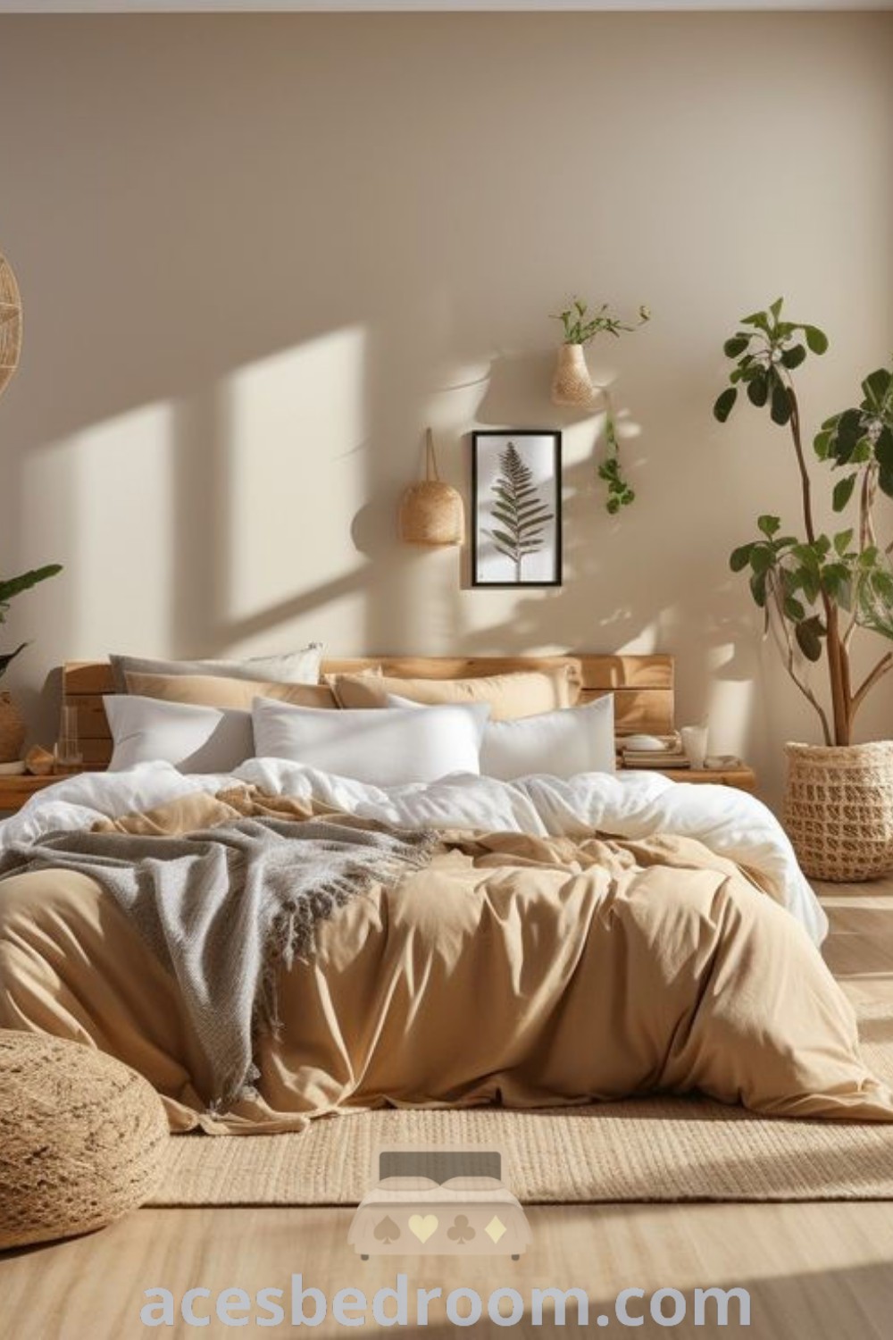 A modern eclectic bedroom with a large bed by the window and potted plants on the floor, showcasing warm aesthetics and inspiring design ideas. This cozy home decor combines Nordic and eclectic styles, perfect for creating a welcoming atmosphere. Explore more at acesbedroom.com.