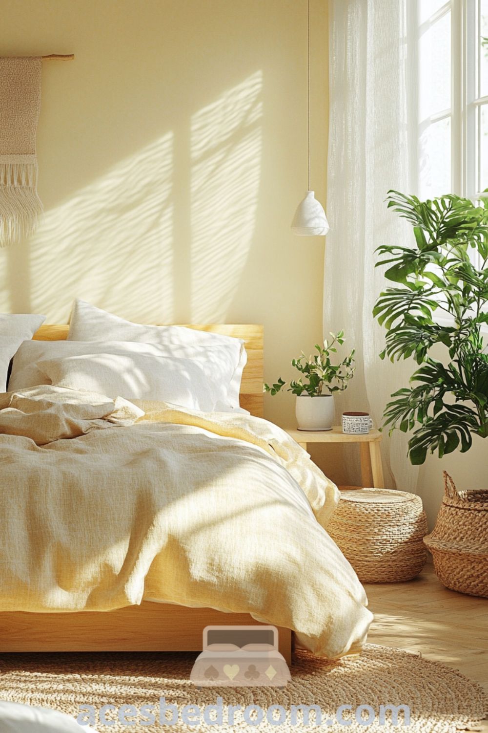 Cozy Scandinavian bedroom featuring soft yellow walls, a wooden bed with nature-inspired linens, a textured woven rug, and potted green plants in woven baskets, all providing warm and inviting decor inspirations for your home, showcased on acesbedroom.com.