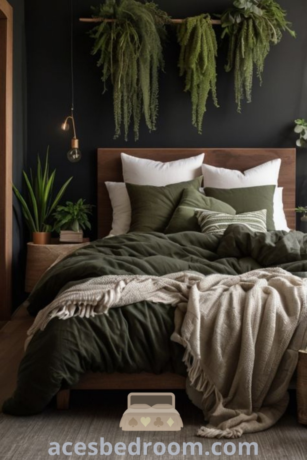 A bed covered in forest green blankets and pillows next to potted plants, showcasing a cozy aesthetic and design ideas for a stylish green bedroom. Find inspiring decor ideas at acesbedroom.com.