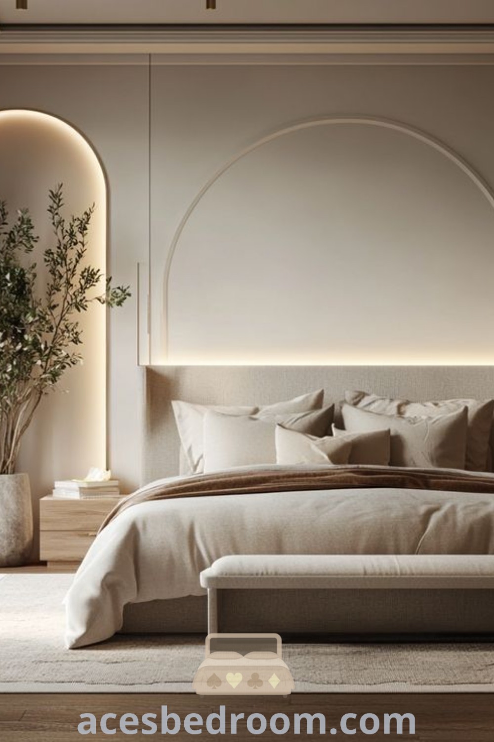 A large bed in a Nordic master bedroom surrounded by modern European decor and a tall white plant, creating a stylish and cozy atmosphere. Discover luxury simple bedroom design ideas and inspirations for your home at acesbedroom.com.