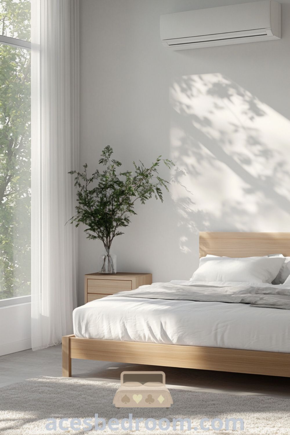 Tranquil minimalist bedroom on acesbedroom.com featuring soft white walls, simple furniture, light linen bedding, and a relaxing space that invites calmness and peace.
