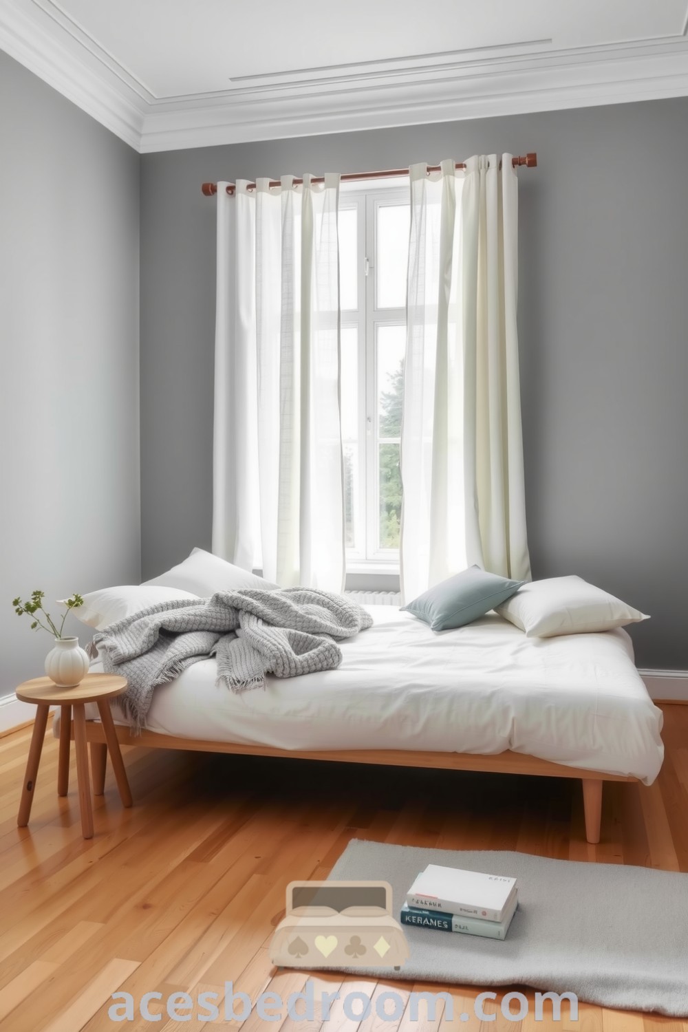 Cozy Scandinavian bedroom featuring muted gray and cream colors, a light wooden bed with textured blankets, a reclaimed wood bedside table with a plant, and warm wooden floors, designed for a serene and inviting atmosphere, showcased on acesbedroom.com.