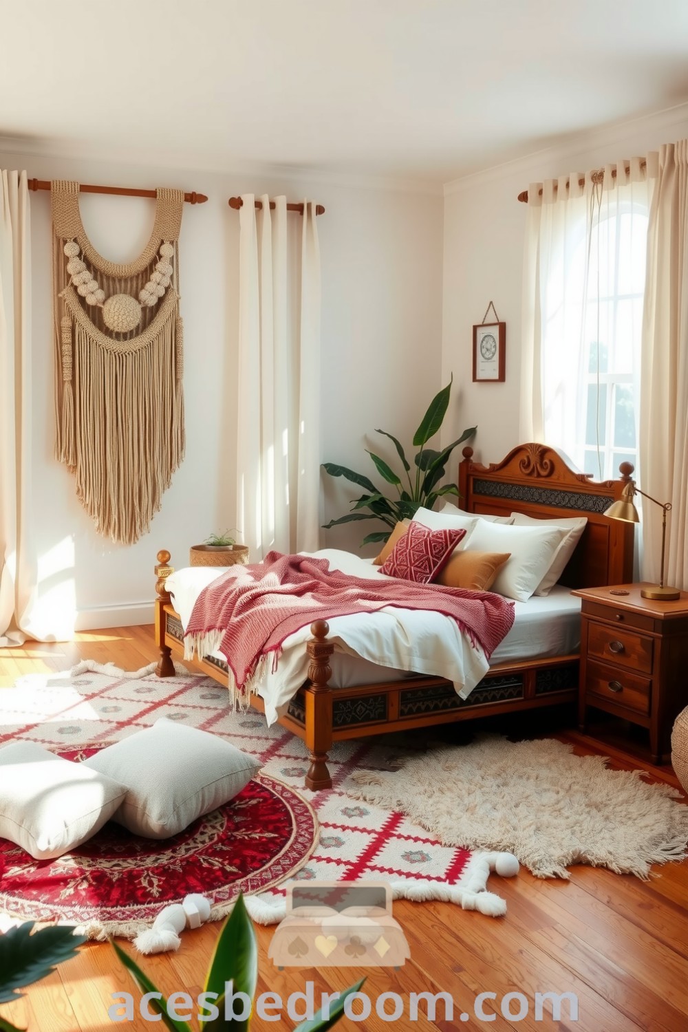 Cozy boho bedroom featuring whitewashed walls, macramé wall hanging, layered rugs, earthy-toned cushions, and potted plants, creating a serene atmosphere, showcased on acesbedroom.com.