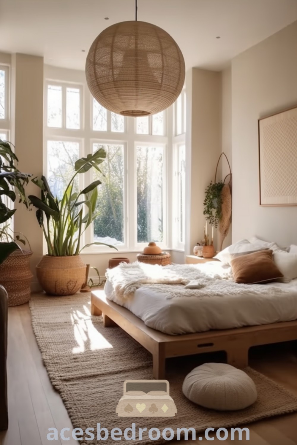 A cozy boho rustic bedroom featuring a neatly made bed and potted plants to enhance the calming atmosphere. This bright and serene space offers design ideas for soothing interiors and decor inspirations for a warm and sophisticated look. Explore more cozy home ideas at acesbedroom.com.