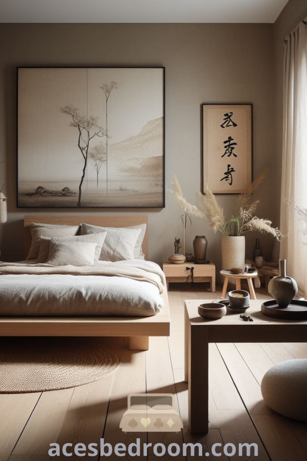 A cozy bedroom designed in Japandi style with a neatly made bed, paintings on the wall, and warm decor ideas. Perfect for condo decor and new bedroom inspirations, this inviting space combines functionality and aesthetics, showcasing unique ideas for a stylish home. Explore more at acesbedroom.com.