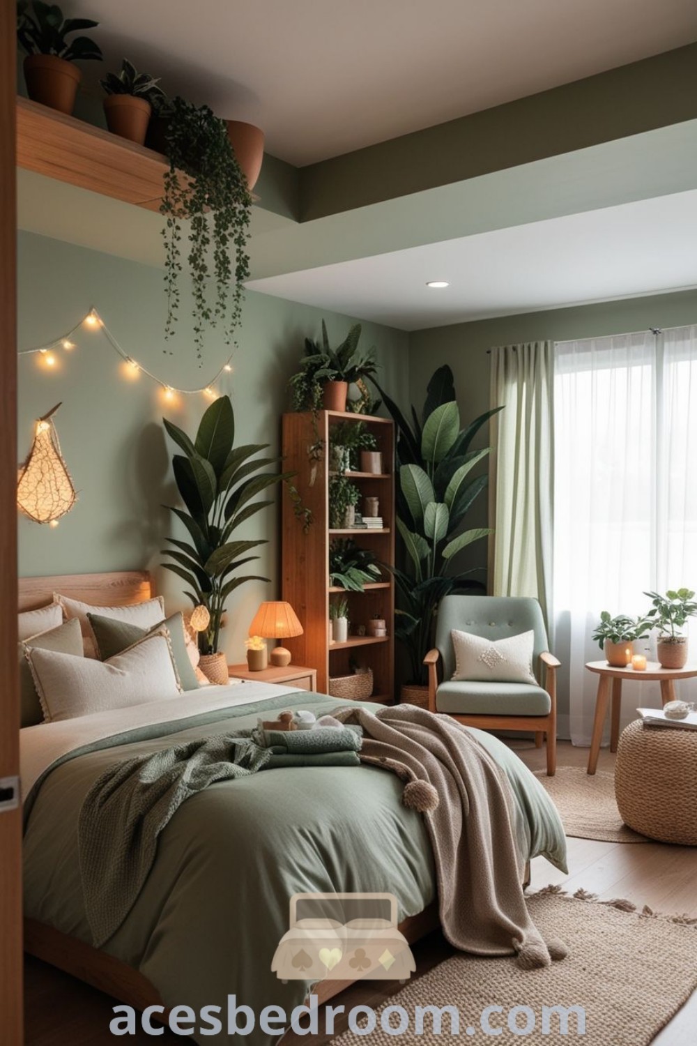 A cozy forest themed bedroom with green walls, plants in the corner, and a plush bed. This earth tone bedroom showcases cozy decor ideas and stylish design trends for a warm and sophisticated look, perfect for inspiration. Find more design ideas at acesbedroom.com.