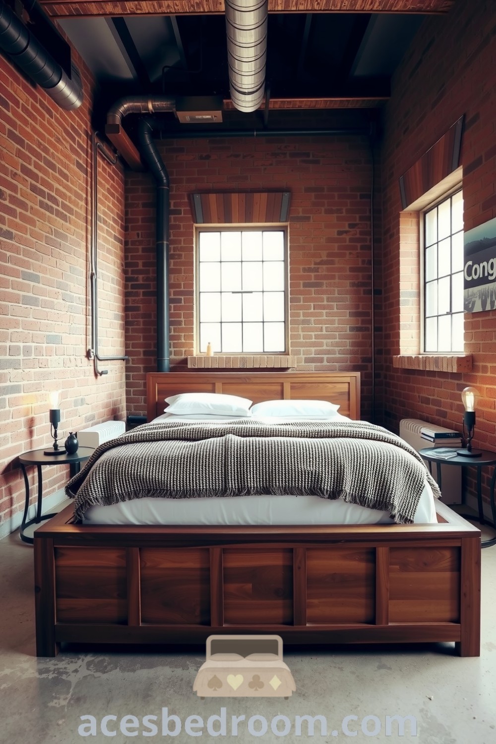 Cozy industrial bedroom featuring warm brown tones, a sturdy wooden bed with a woven blanket, exposed concrete flooring, vintage lamps with Edison bulbs, and metal-framed windows, offering unique decor ideas for a warm and sophisticated look on acesbedroom.com.