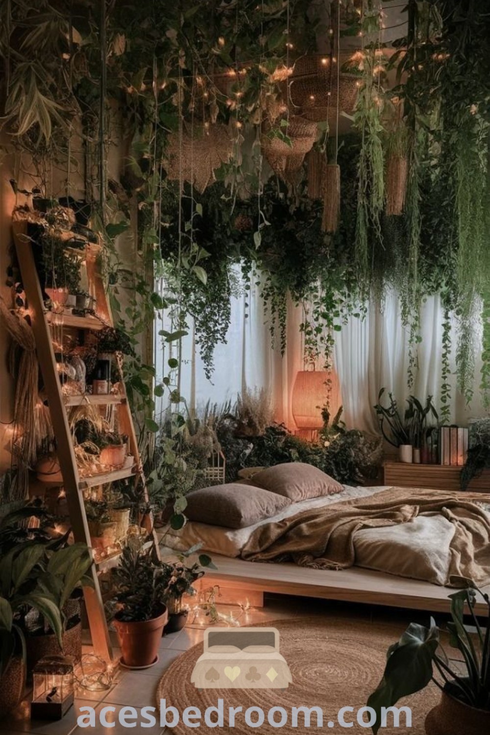 A cozy bedroom featuring indoor plant vines hanging from the ceiling paired with delicate curtain lights, creating a warm and sophisticated look. This decor inspiration showcases ideas for stylish room decoration and unique designs that enhance the tranquil atmosphere, presented by acesbedroom.com.