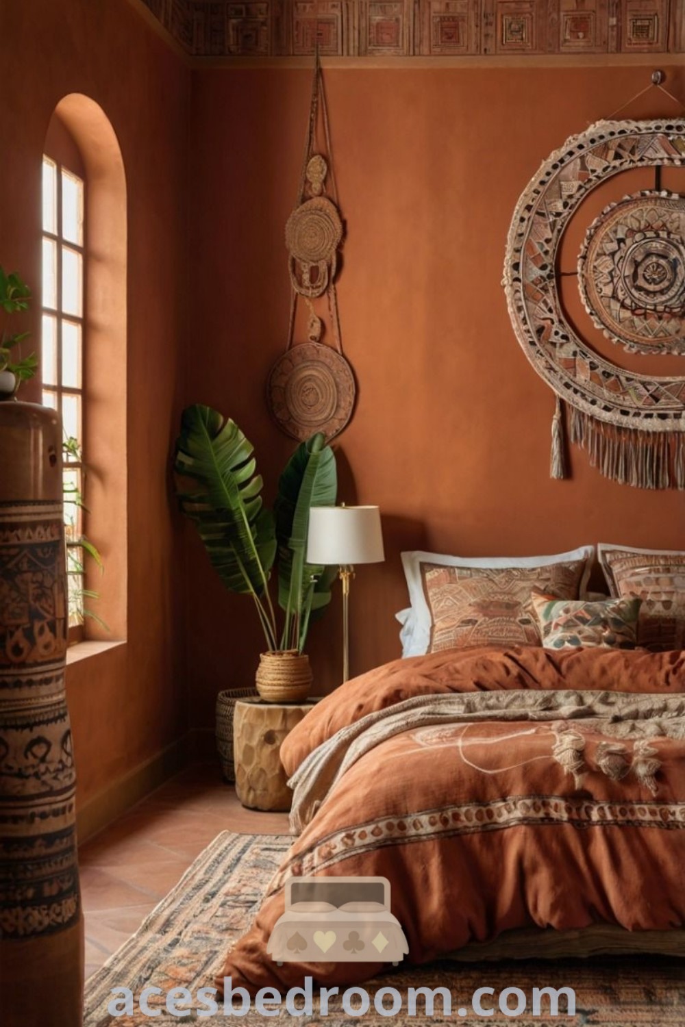 A cozy Bohemian bedroom with a rusty orange accent wall, large bed dressed in brown linens, and potted plants. This design beautifully combines Western boho elements with earthy decor inspirations for a trendy and relaxing haven. For unique ideas and decorating tips, visit acesbedroom.com.