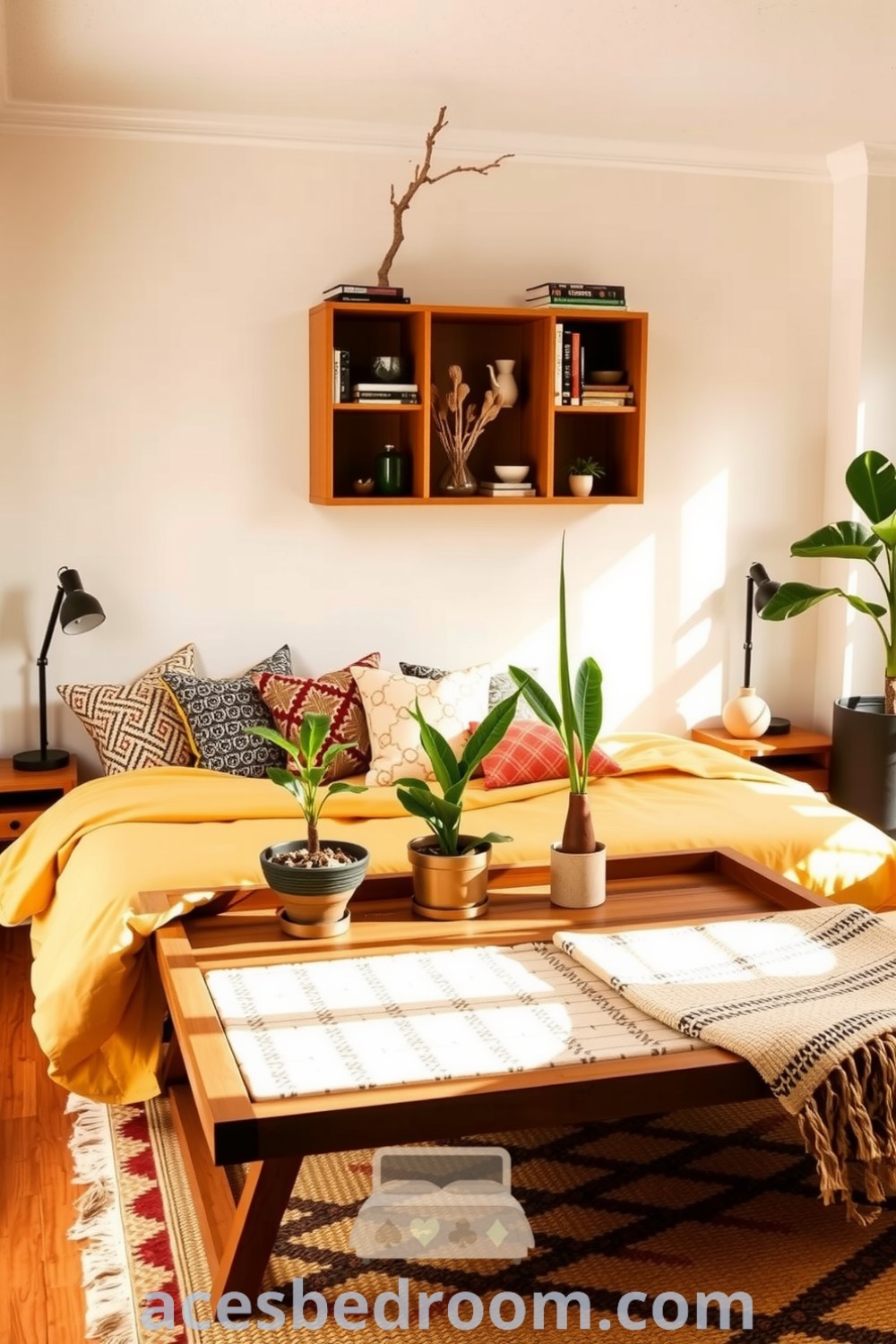 Cozy boho bedroom featuring soft yellow accents, textured white walls, oversized bed with patterned cushions, potted plants, and a woven rug, showcasing inviting decor ideas for a warm and sophisticated look, presented on acesbedroom.com.