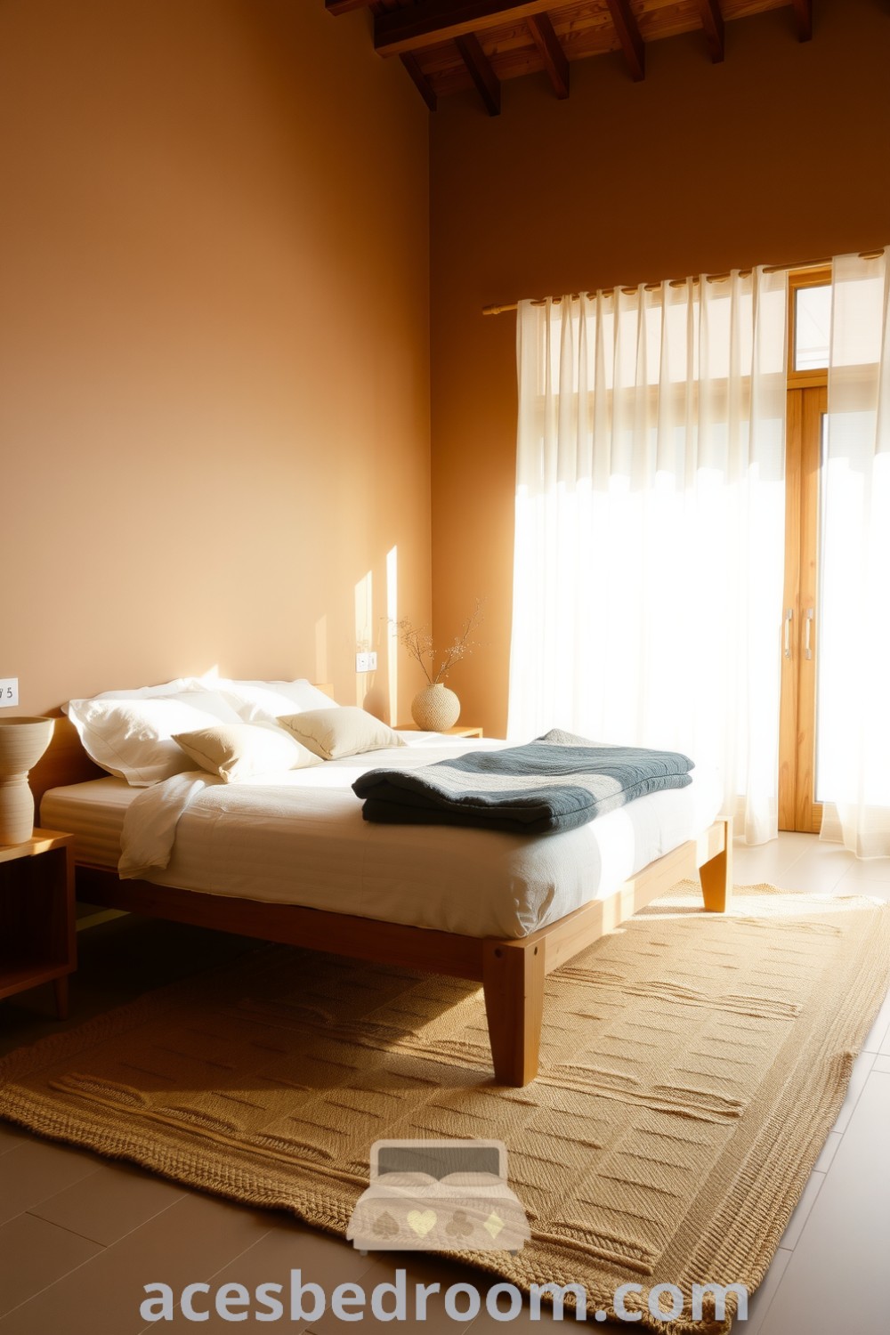 Cozy Japandi bedroom featuring soft brown walls, handcrafted wooden furniture, natural linen bedding, and a jute rug, illuminated by sunlight filtering through sheer curtains, creating a calming ambiance for a warm and sophisticated look, showcased on acesbedroom.com.
