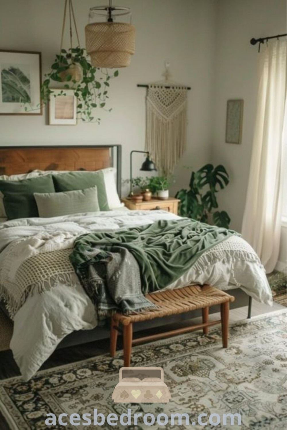 A modern boho bedroom with sage green walls, a cozy bed, a stylish rug, and lush plants on the wall, creating an inviting and calming space. This design showcases green and brown boho aesthetics that inspire tranquility and comfort in your home. Explore more decor ideas at acesbedroom.com.