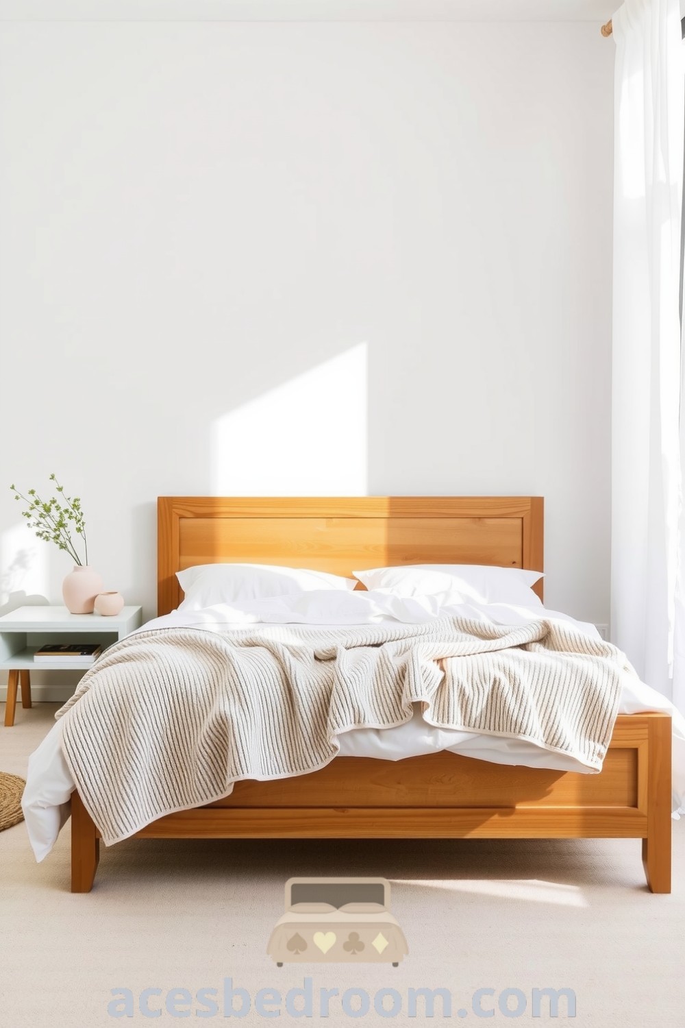 Cozy Japandi bedroom featuring clean lines, honey-toned wooden bed frame, plush textured throw, delicate ceramic vases with greenery, and sheer white curtains, creating a serene and inviting atmosphere, showcased on acesbedroom.com.