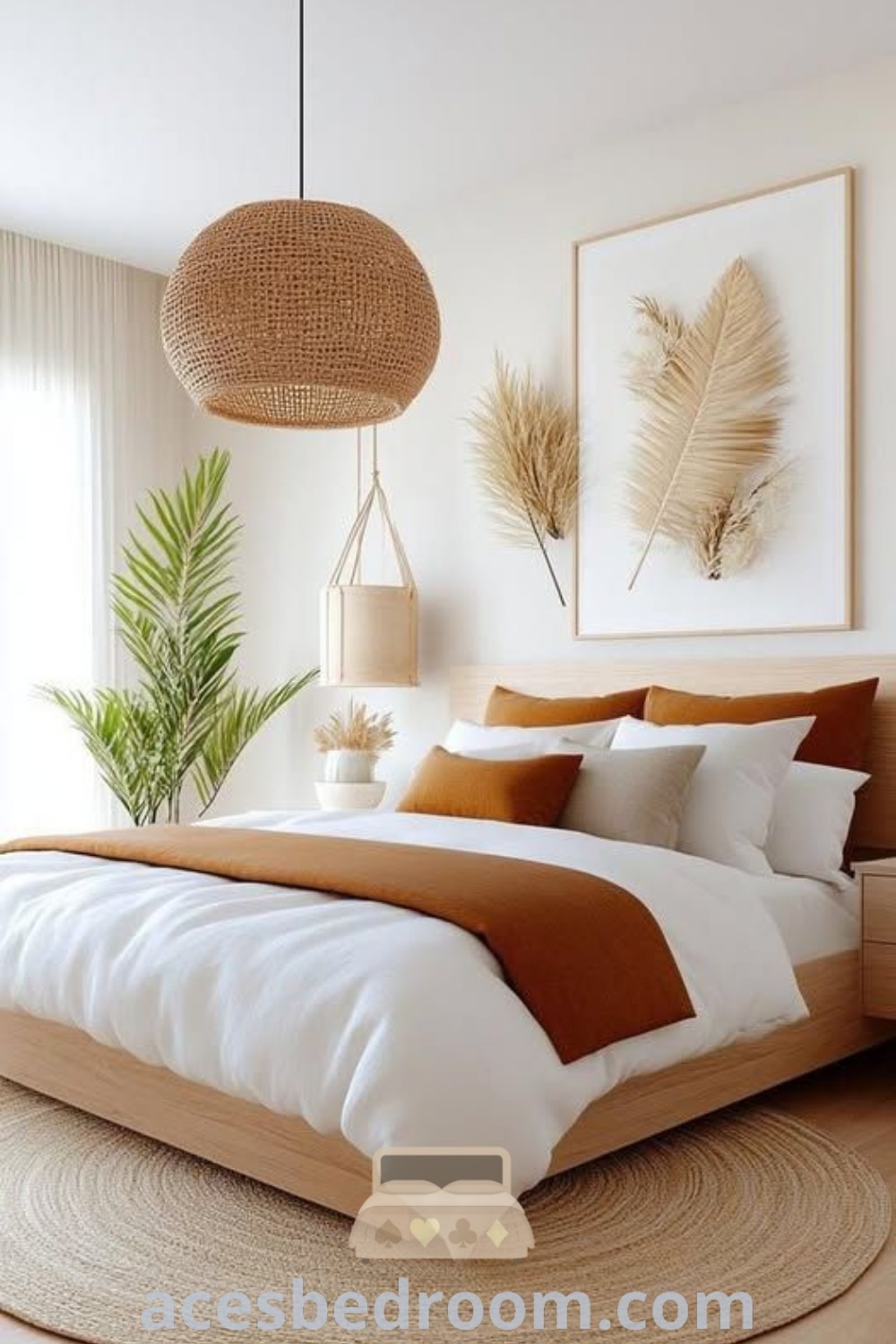 A beautifully designed bedroom featuring a bed with neutral-colored decor, stylish rugs, and paintings on the wall, showcasing cozy ideas and minimal bedroom designs. This space brings together elements that inspire stylish and unique decor ideas for your home. Explore more inspirations at acesbedroom.com.