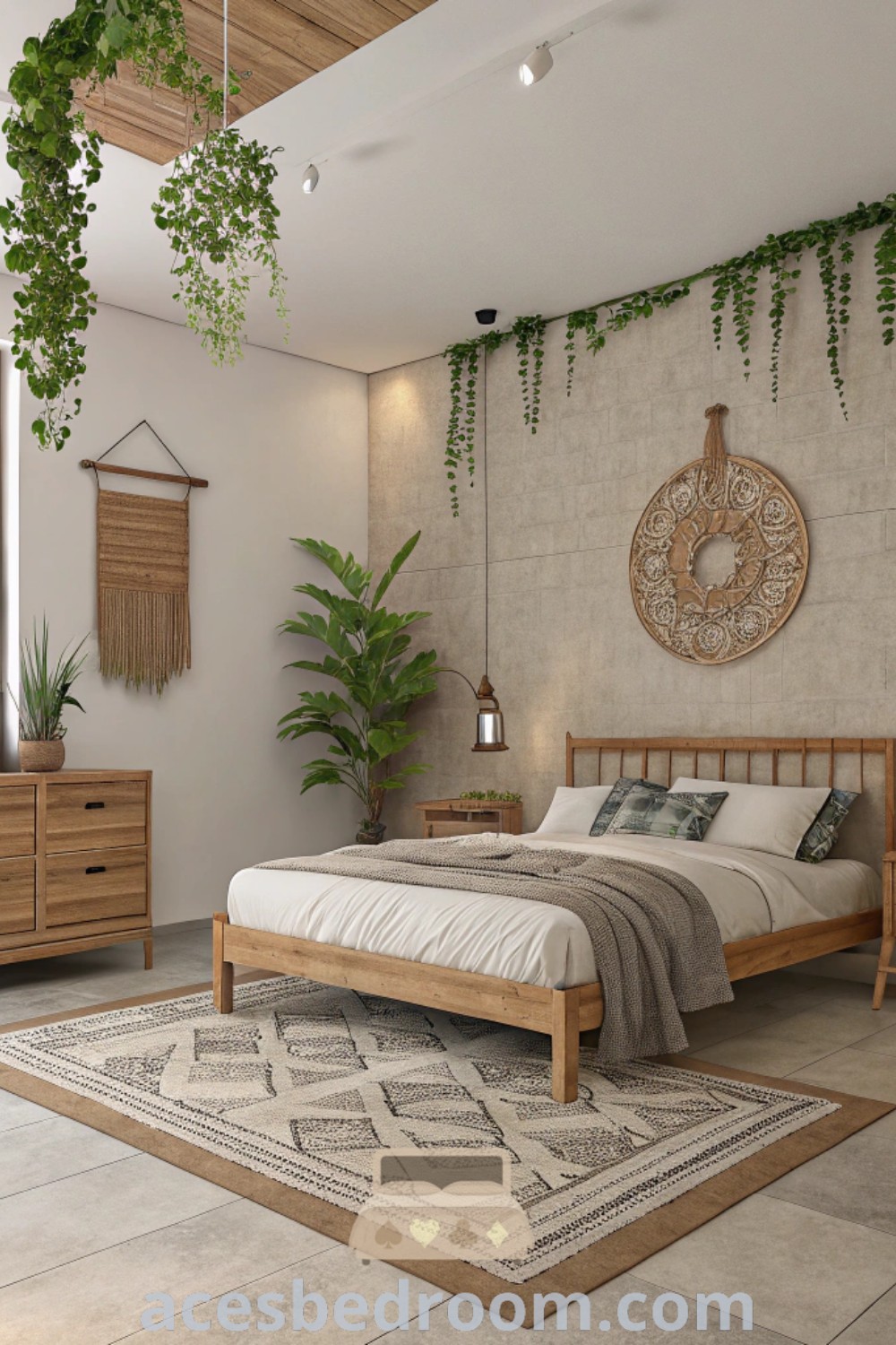 A beautifully arranged bedroom featuring a neatly made bed and decorative plants, showcasing an earthy home aesthetic and farmhouse interior ideas. This cozy decor inspires unique design ideas for your home and captures the serene, inviting atmosphere of a stylish and tranquil retreat. Explore more inspirations at acesbedroom.com.