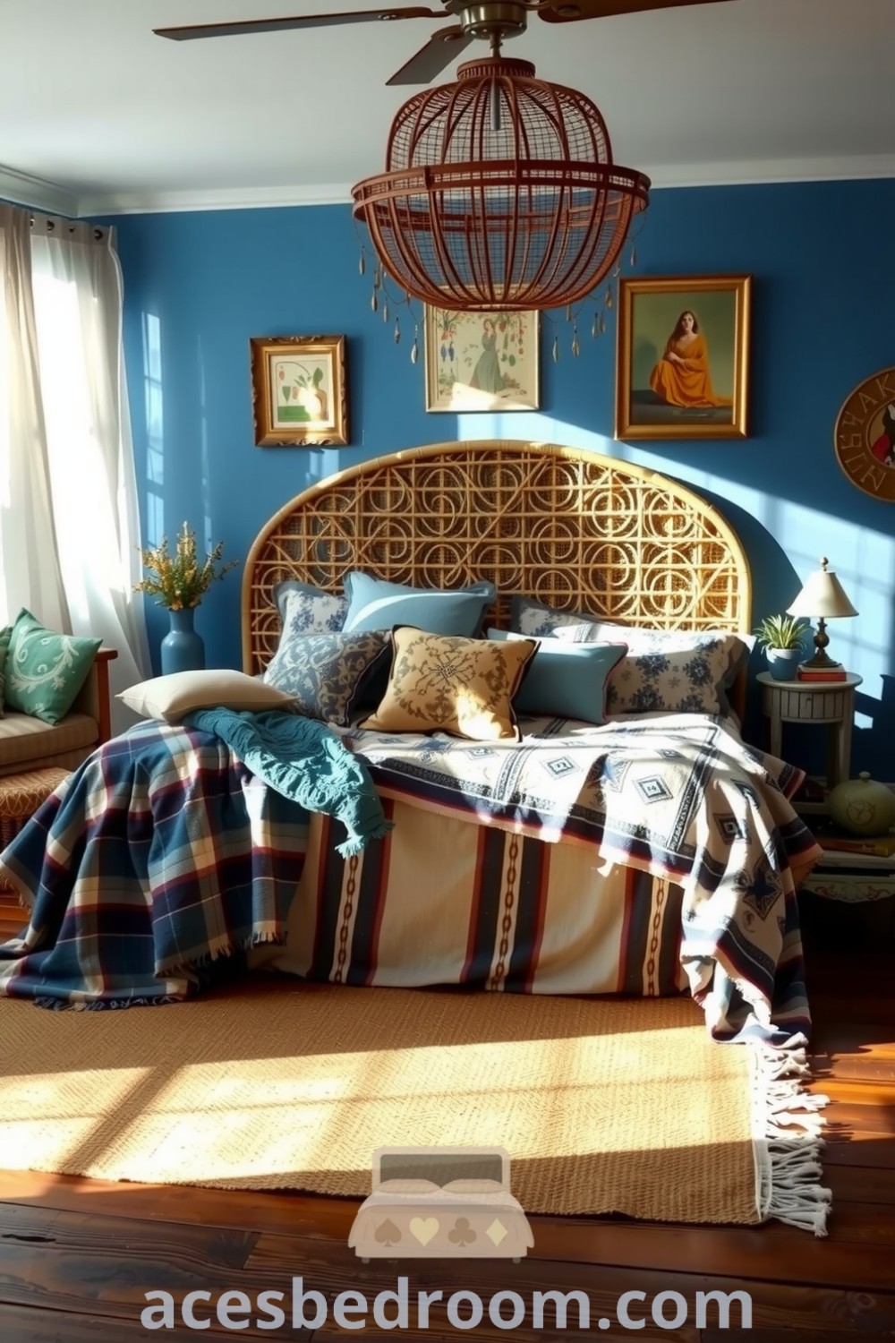 Cozy boho bedroom featuring a vintage wicker headboard, earthy and blue accents, layered throws, sheer curtains, eclectic wall art, and a warm wooden floor with a jute rug for a relaxed and inviting atmosphere, showcased on acesbedroom.com.