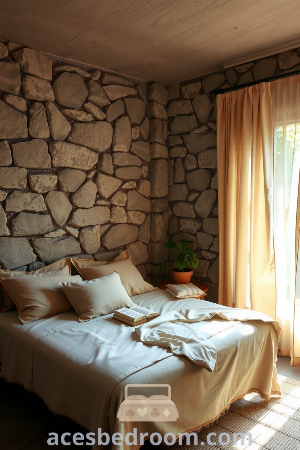 Cozy bedroom featuring textured stone walls, a handcrafted wooden bed with earthy-toned linens, potted plants, and dappled sunlight filtering through leafy curtains, creating a tranquil and warm atmosphere, for a cozy aesthetic you’ll love, showcased on acesbedroom.com.