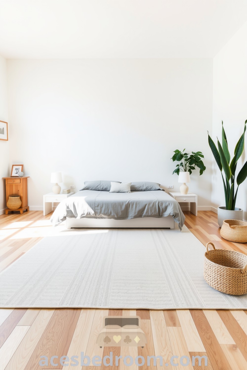 Cozy Scandinavian bedroom with light wood floors, neutral area rug, light gray duvet, ceramic lamps, and green plants, showcasing decor ideas for a warm and sophisticated look, featured on acesbedroom.com.