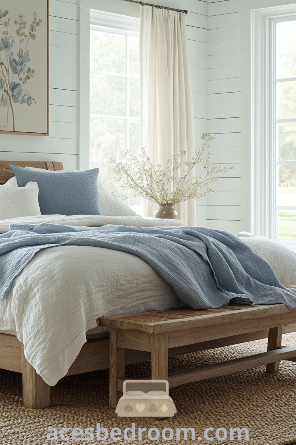 Cozy French country bedroom featuring soft blue accents, creamy white shiplap walls, a weathered wood bed frame with layered linens, natural light through linen curtains, a woven jute rug, and floral artwork, showcased on acesbedroom.com.
