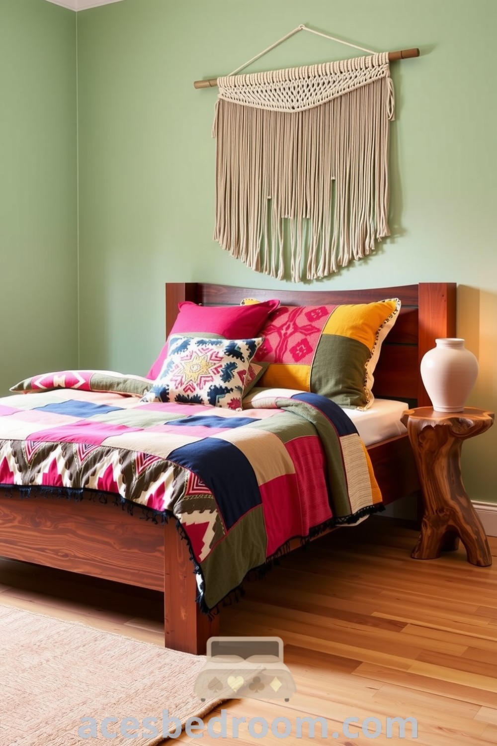 Cozy boho bedroom featuring soft green walls, a handmade wooden bed with a colorful patchwork duvet, eclectic throw pillows, a rustic nightstand with a ceramic lamp, a macramé wall hanging, and a woven jute rug for a stylish and inviting atmosphere, showcased on acesbedroom.com.