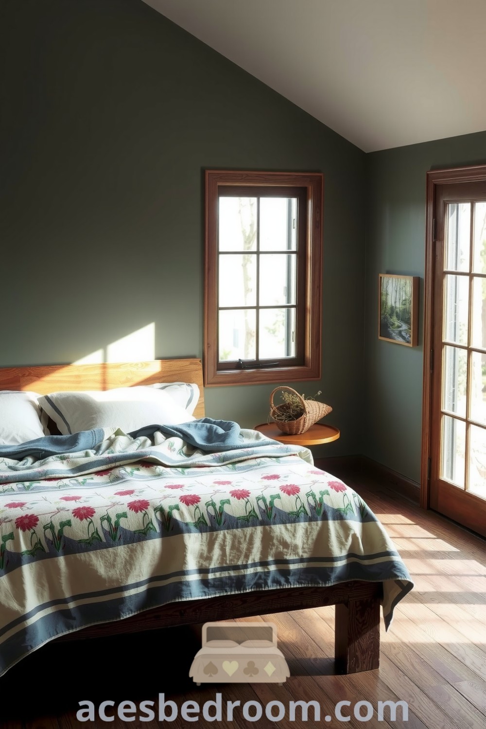 Cozy nature bedroom with sage green walls, sturdy oak bed frame, floral quilt, natural light, and a basket of dried wildflowers, designed for a tranquil atmosphere, featured on acesbedroom.com.
