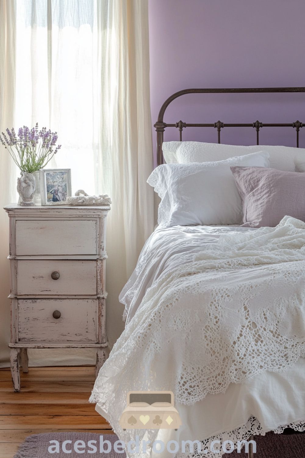 Tranquil Modern French Country Bedroom on acesbedroom.com showcasing soft lavender walls, cozy ideas, vintage decor, and inviting design inspirations.
