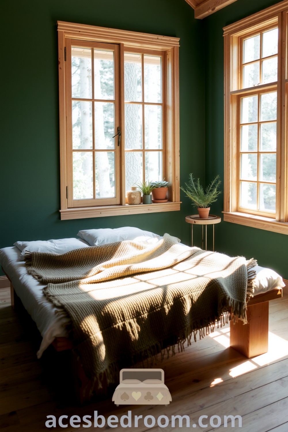 Cozy nature bedroom with forest green walls, a reclaimed timber bed frame, earthy handwoven blanket, and potted plants, creating a serene and inviting atmosphere, showcased on acesbedroom.com.