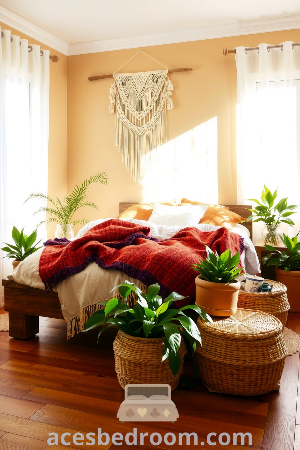 Cozy boho bedroom featuring warm beige walls, natural textures, macramé wall hangings, layered blankets on a reclaimed wood bed, vibrant plants in woven baskets, and sunlight filtering through sheer curtains, creating a cozy and inviting atmosphere, showcased on acesbedroom.com.