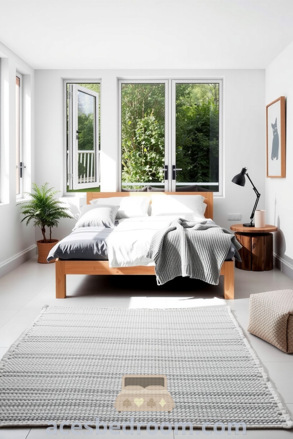 Cozy Scandinavian bedroom with white walls, low-profile light oak bed dressed in gray bedding, handwoven rug, and a potted plant, embodying a minimalist and warm aesthetic for a sophisticated look, presented on acesbedroom.com.