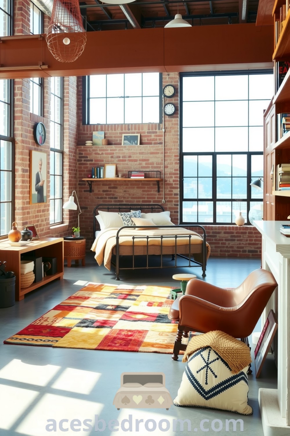 Cozy industrial bedroom featuring a metal bed frame, exposed brick walls, a vintage leather chair, and a patchwork rug, designed for a warm and inviting atmosphere, showcased on acesbedroom.com.