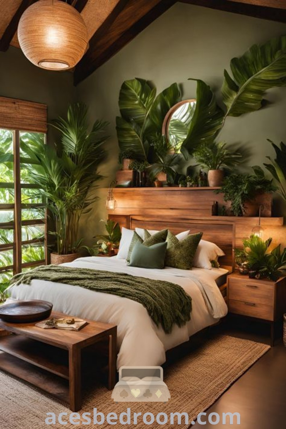 A bright tropical bedroom with a large bed, two tables topped with plants, and warm ambient lighting, showcasing cozy design ideas for a serene and inviting home atmosphere. Explore more stylish tropical decor inspirations at acesbedroom.com.