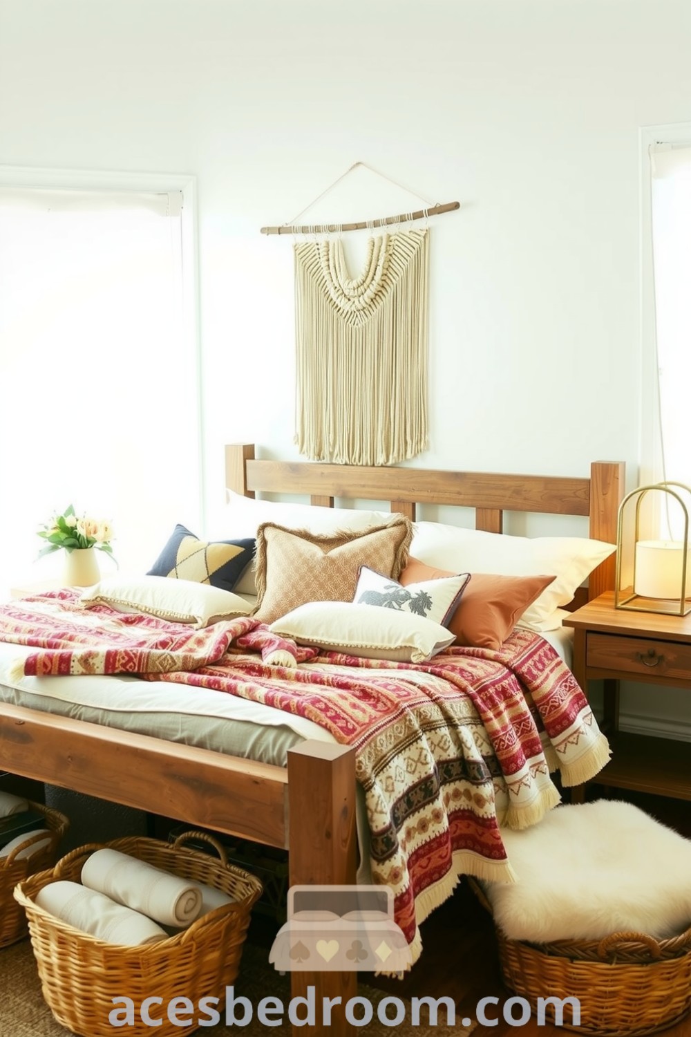 Cozy boho bedroom featuring a vintage wooden bed, earth-toned throws, rattan baskets, a macramé wall hanging, and a brass lamp, designed to create a warm and inviting atmosphere, ideal for relaxation, showcased on acesbedroom.com.