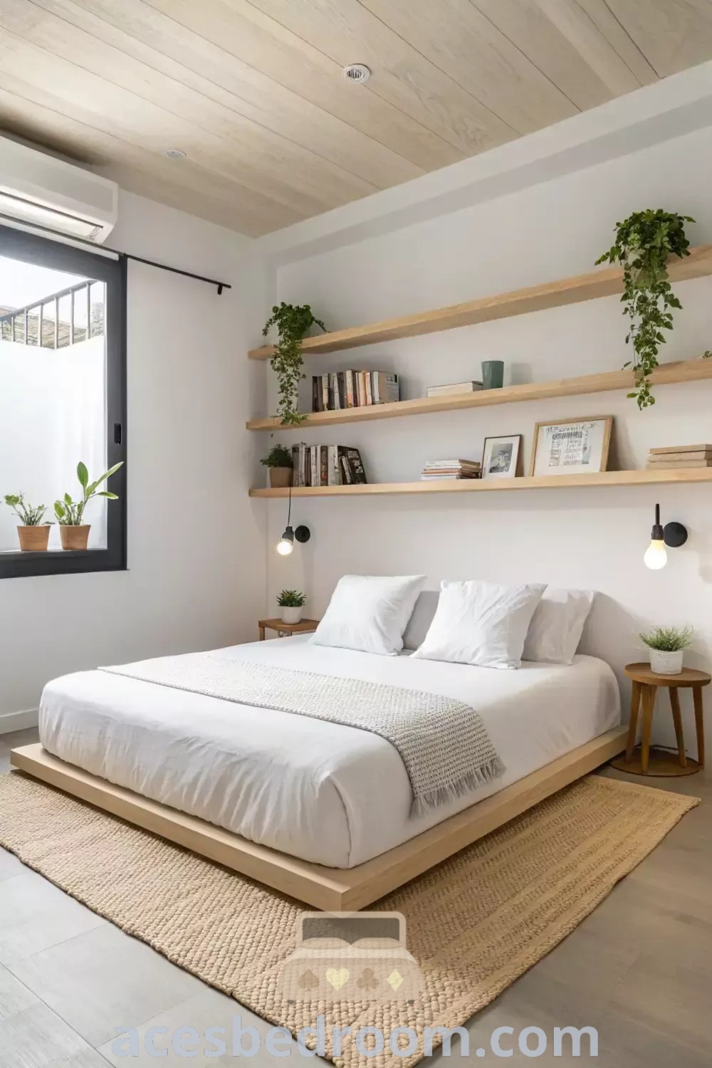 A minimalist bedroom with a cozy white bed next to a wooden shelf filled with potted plants, showcasing decor ideas for small spaces. This design emphasizes a white and wooden aesthetic, perfect for inspiring minimalist room decor at acesbedroom.com.