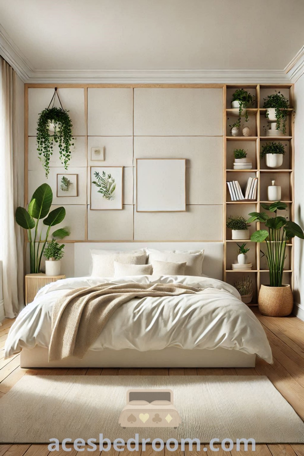 A cozy bedroom featuring a white bed next to a window with potted plants, showcasing minimalist room decor ideas for a warm and inviting atmosphere. Discover stylish storage solutions and kid room inspiration that will enhance your space at acesbedroom.com.