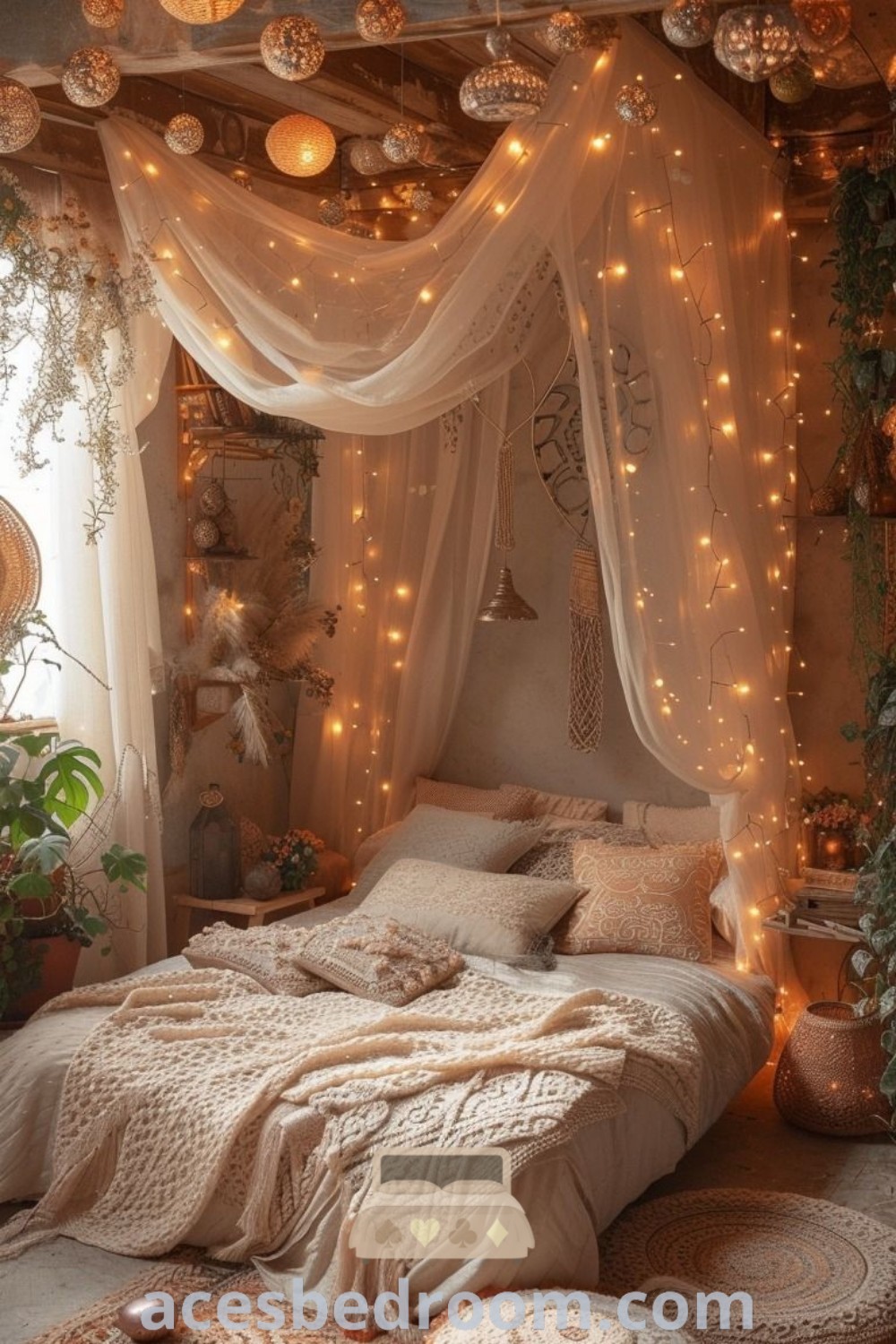 A cozy boho style bedroom with lights strung from the ceiling, elegant curtains over the bed, and pillows on the floor, showcasing unique ideas for a warm and sophisticated look. This design offers inspiring decorating ideas and cozy decor inspirations for your home, available at acesbedroom.com.