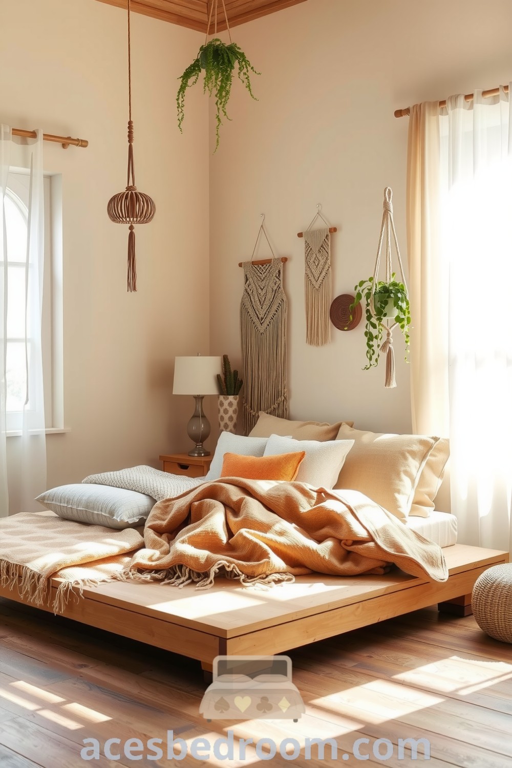 Cozy boho bedroom with soft beige tones, low wooden platform bed layered with textured throws and pillows, macramé wall hangings, and hanging plants, featuring sunlight filtering through sheer curtains on rustic wooden floor, inspired by designs for a warm and sophisticated look, showcased on acesbedroom.com.