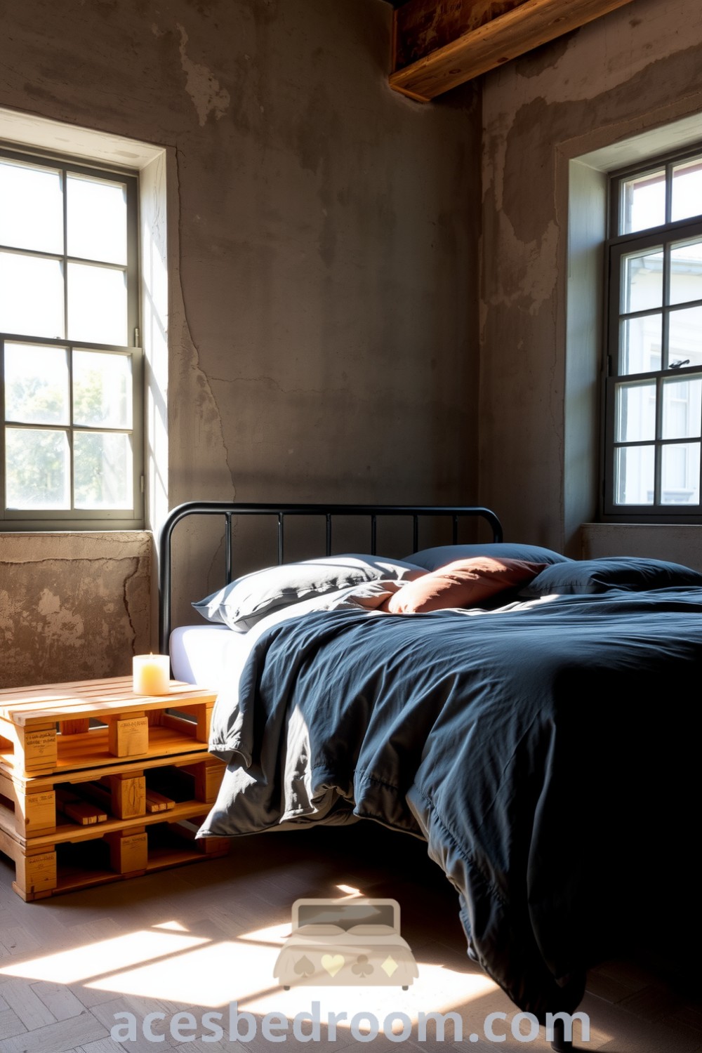 Cozy industrial bedroom featuring raw concrete walls, a black metal bed frame with a deep charcoal duvet, rustic wooden pallet nightstands, and flickering candles, illuminated by large windows, showcased on acesbedroom.com.