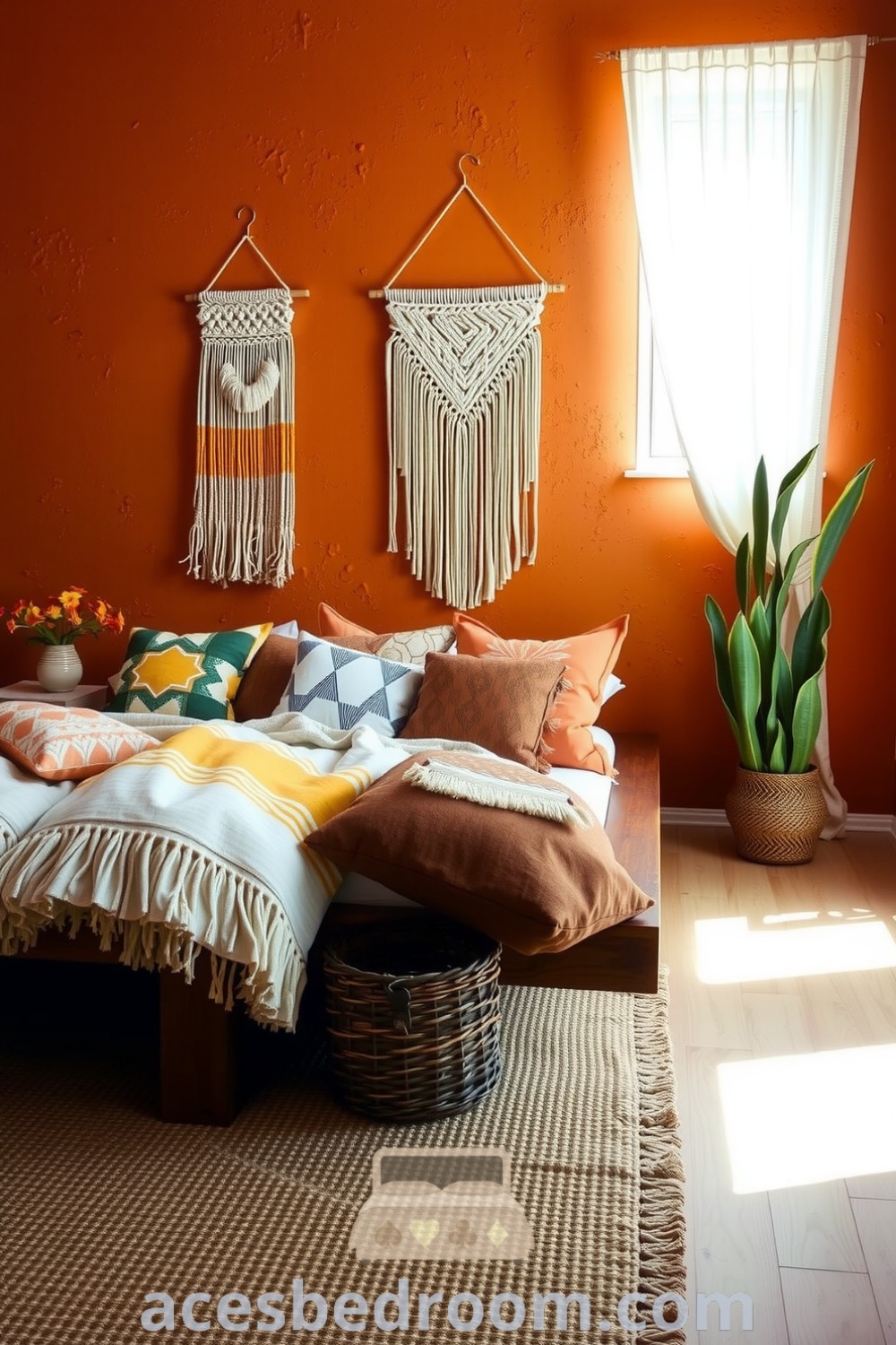 Cozy boho bedroom featuring a warm orange palette, reclaimed timber bed, patterned pillows, macramé wall hanging, and woven rugs, designed for a warm and sophisticated look, showcased on acesbedroom.com.