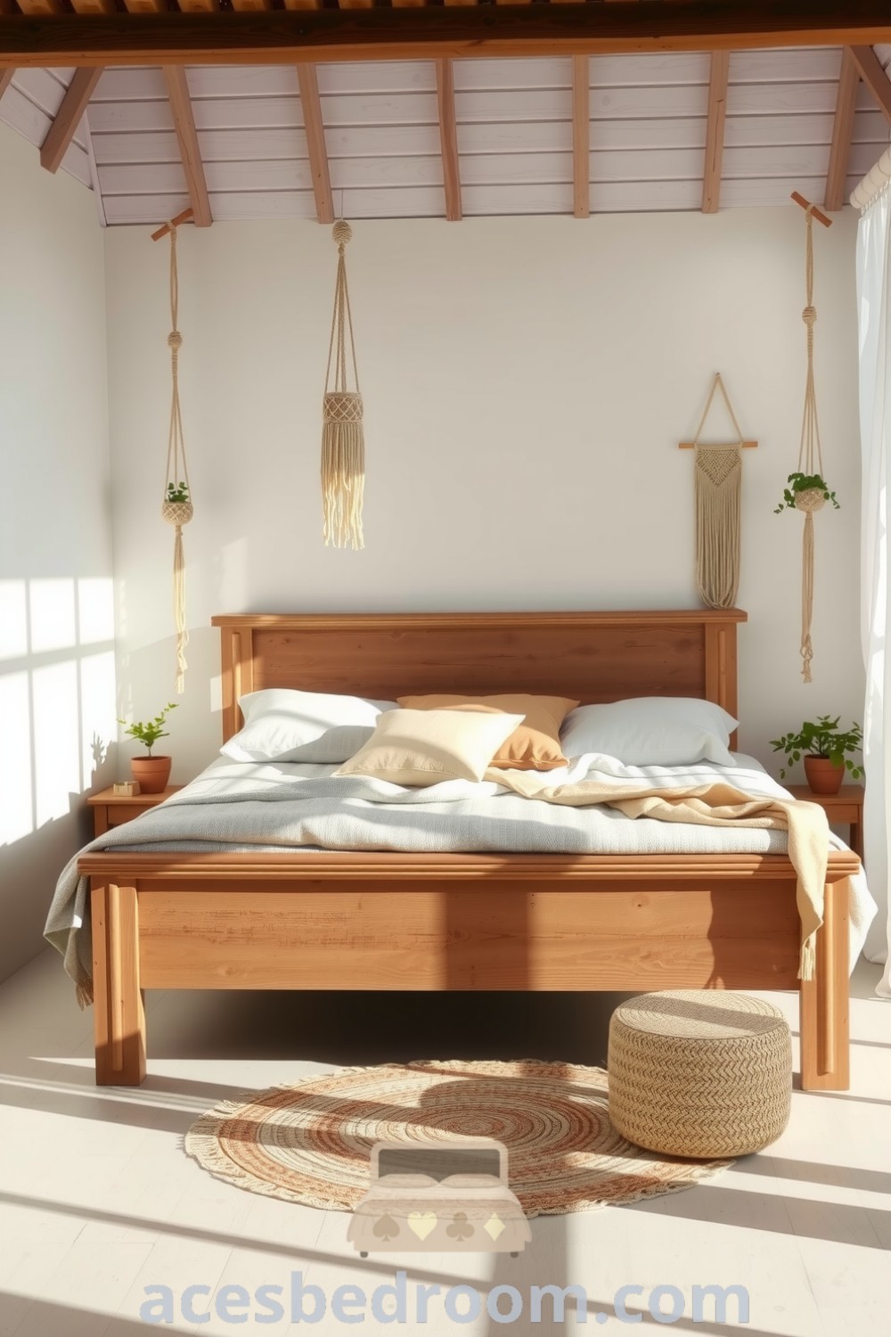 Cozy boho bedroom with whitewashed walls, textured wooden bed frame, natural linen bedding in earth tones, macramé hangings, and potted plants, illuminated by sunlight filtering through sheer curtains, showcasing design ideas for a warm and sophisticated look on acesbedroom.com.