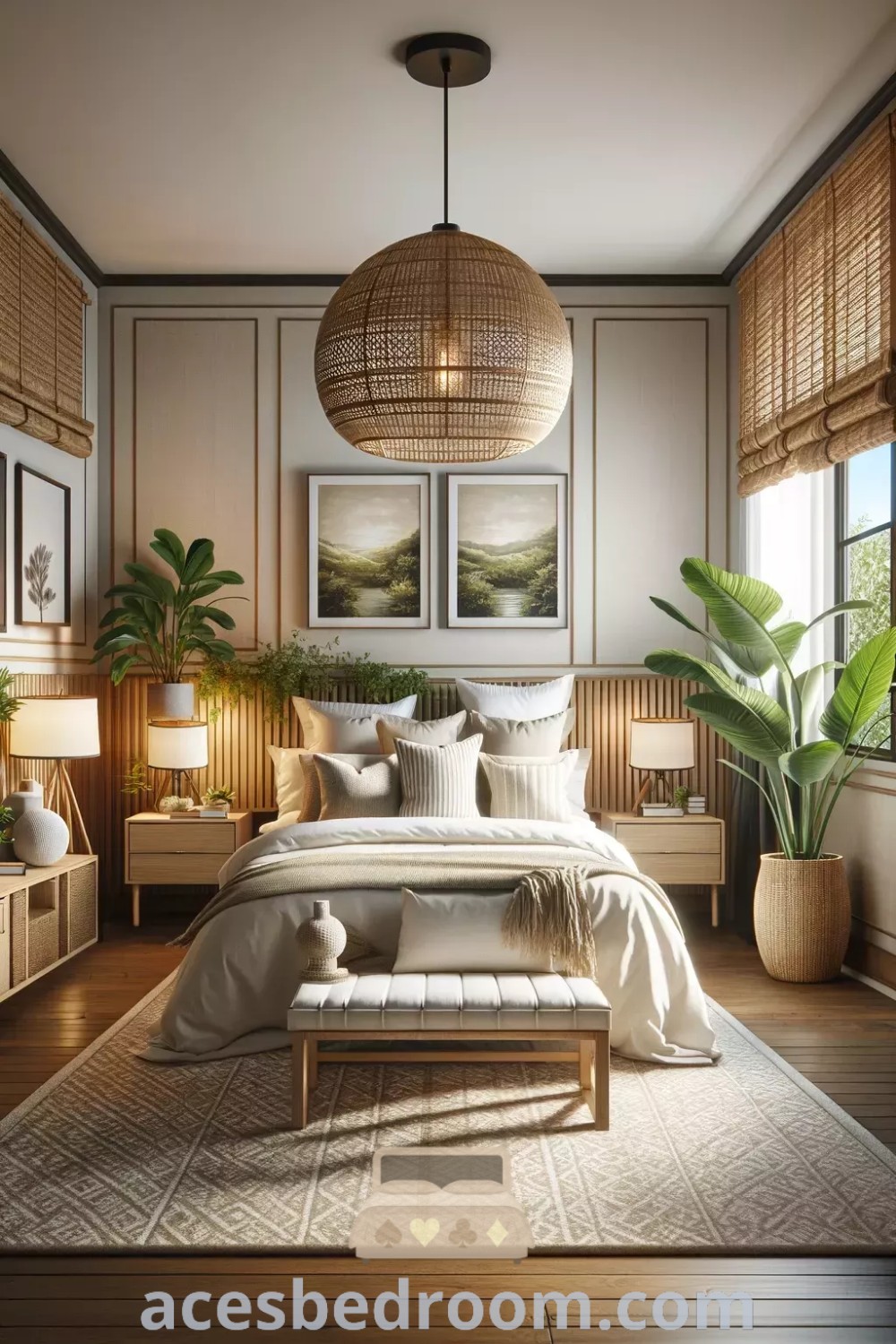 A large Bobo guest bedroom with a cozy design featuring a bed on mango wood flooring, two windows providing natural light, and decor ideas for a calm and stylish atmosphere. Explore unique inspirations for your home at acesbedroom.com.