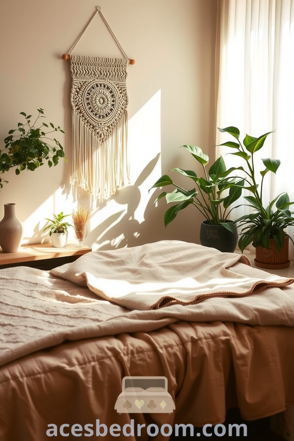 Cozy boho bedroom with beige tones, handwoven macramé wall hanging, earthy quilt, vintage wooden nightstand, lush potted plants, and natural light from sheer curtains, offering design ideas for a warm and sophisticated look, displayed on acesbedroom.com.